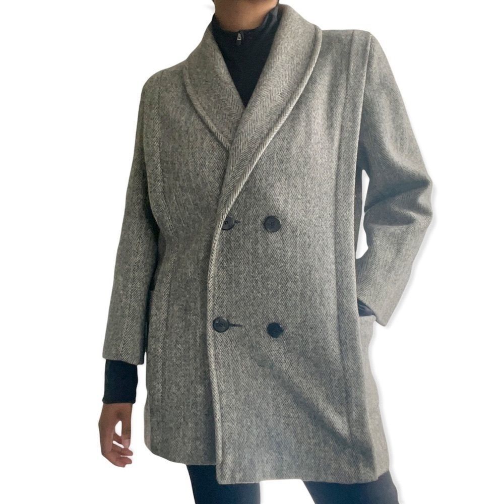 Herman Kay Vintage 3/4 Jacket Black White Herringbone Button Pockets Lined Coat